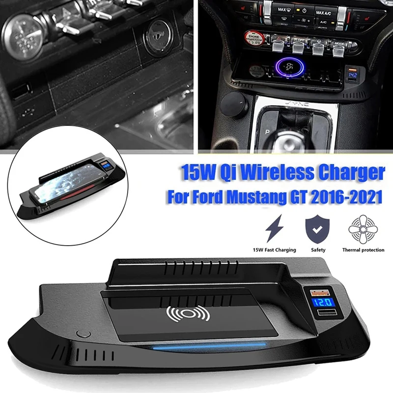 

Автомобильное беспроводное зарядное устройство 15 Вт Qi для Ford Mustang GT 2015 2016-2021, быстрая зарядка для телефона, модификация интерьера