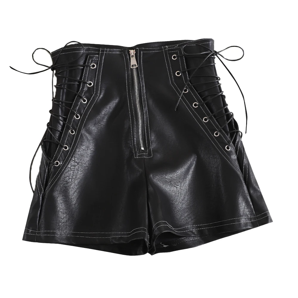 Kpop Faux Leather Shorts Europe And America Fashion New Black Wild Bandage Girls High Waist A-line PU Short | Женская одежда