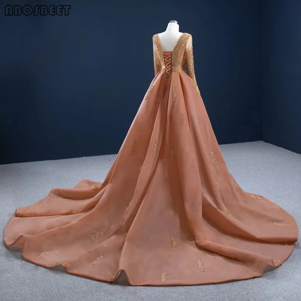 

Luxury Prom Dress with Long Train Mermaid Evening Gown Long Sleeve Gold Beads Scoop Collar Vestido De Fiesta Prom Party Gown