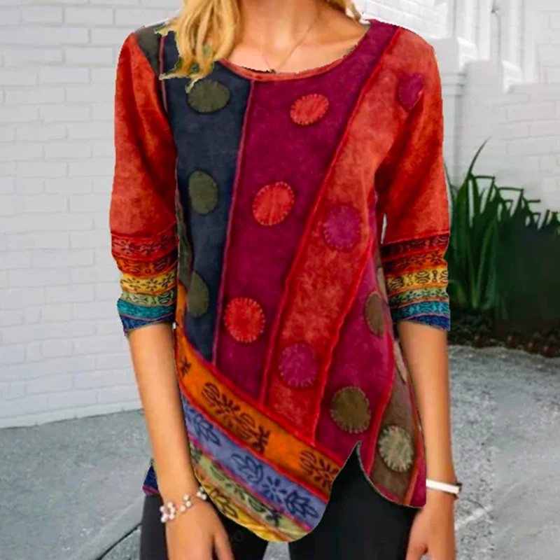 

2021 New Clothing Women'S Stitching Printing Multicolor Tops Ladies Long-Sleeved Casual Blouse Female Aesthetic Top Clothes