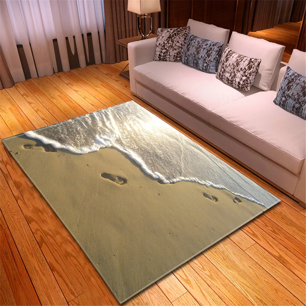 

3D Seascape Beach Area Rug Parlor Dining Room Mat Bedside Rug Soft Flannel Kids Play Rug and Carpet for Home Living Room
