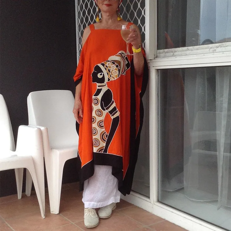 

2021 Summer Loose Print African Dresses Hit Color Large Size Casual Off-shoulder Mid-length Lady Party Suspender Women Dress