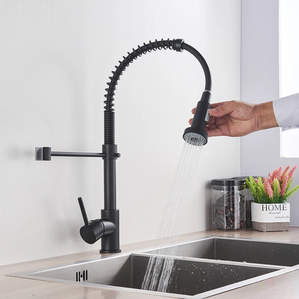 Матовый черный кухонный кран смеситель с креплением на раковину поворот 360