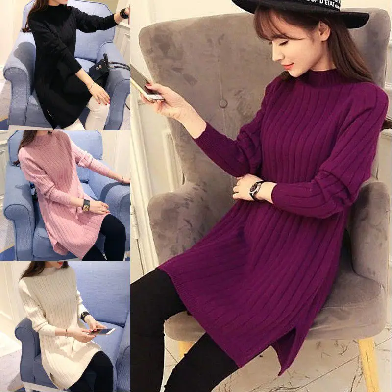 

Women Sweater Knitted Long Sweater Pullover Sweater Solid Color Base Knit Split Knit Dress Sweater