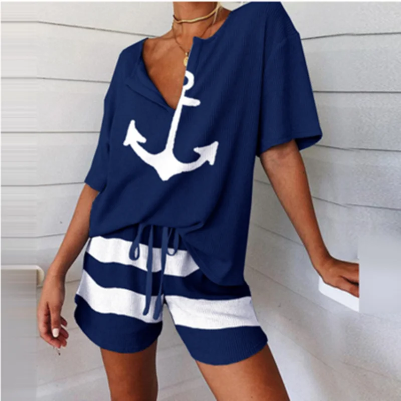 

Summer 2Pcs Women Tracksuit Boat Anchor Print Shirt and Shorts Set Spring Elegant V Neck Pullover Ladies Sportswear Suits Pocket