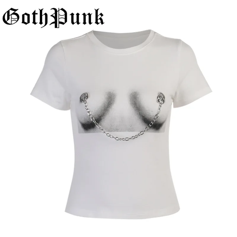 

Goth Punk Metal Chain White T Shirt Streetwear Skinny Short Sleeve Crop Tops Women Casual Chic Fun Print Summer Basic Tops