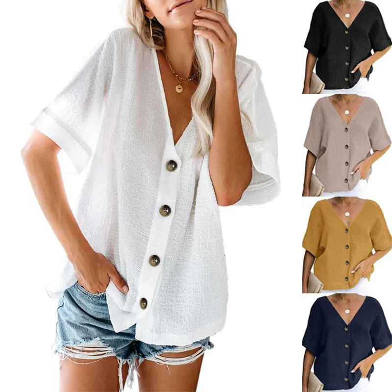 

Cotton Women's Blouse Summer 2021 New Oversize Single Breasted Solid Color Shirt Female V-neck Casual Loose Comfortable Tops