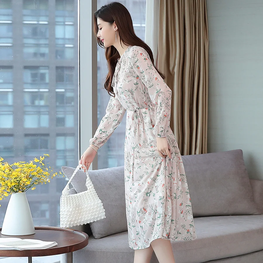 2019 шифоновое Цветочное платье с длинным рукавом Осеннее Новое Женское тонкое