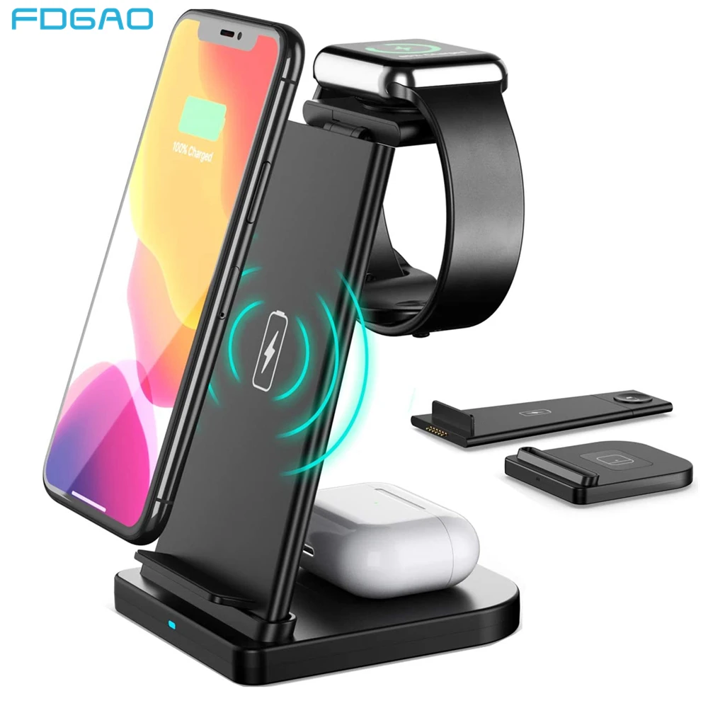 

FDGAO 15W Fast Qi Wireless Charger Stand for iPhone 12 11 XS XR X 8 Apple Watch 6 5 4 3 AirPods Pro 3 In 1 Charging Dock Station