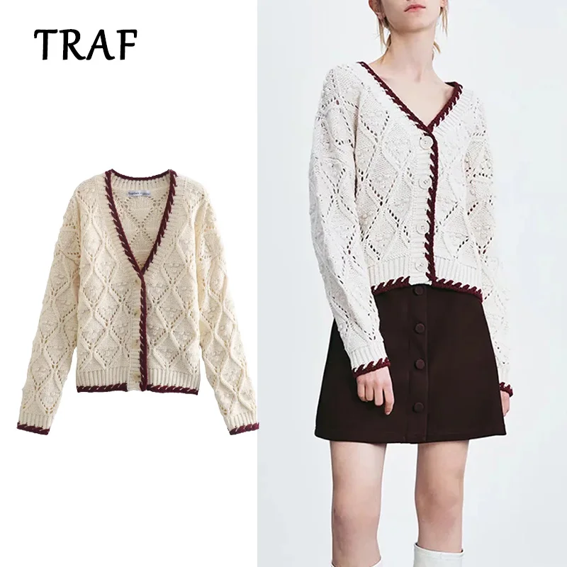 

TRAF 2021 Za Knitted Cardigan Women New V-Neck Color Contrast Sweater Autumn Coat Long Sleeve Cardigans Tops