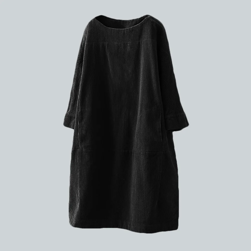 

Women Autumn Winter Casual Warm Solid Color Pockets Corduroy Loose Midi Dress