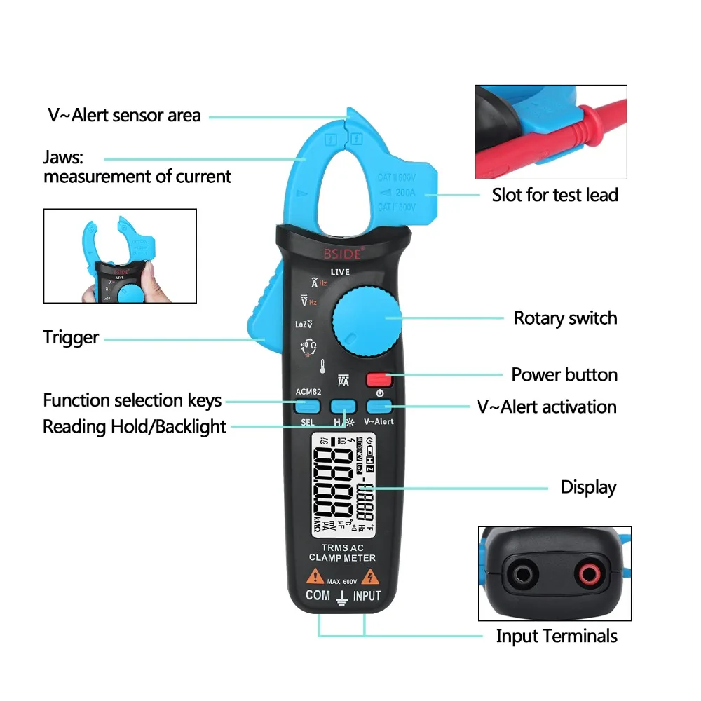 Bside ACM82 цифровой истинный RMS мини-хомут Автоматический диапазон 0 001a тестовый Гц
