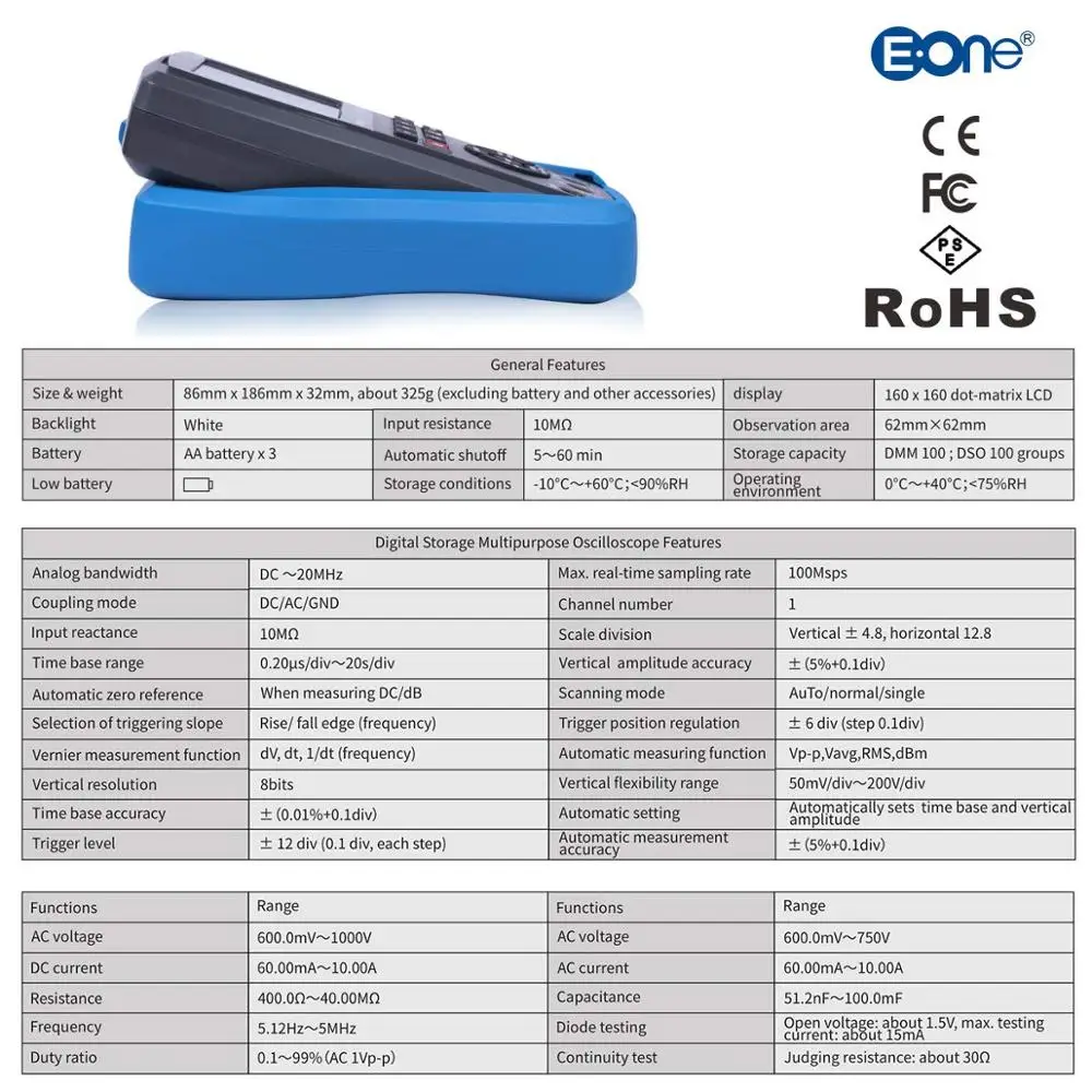 

ET310B Digital Oscilloscope Multimeter Frequency Meter Handheld Measure 80M/20MHz 4000 Yards Auto Range Multimeter