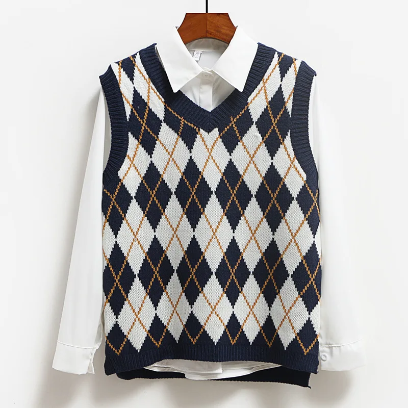 

2021 Fashion Argyle Knitted Sweater Vest Women Casual Korean Style Pullover Elasticity Tops Spring Autumn Winter Tank Tops