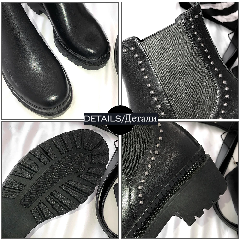 

WETKISS Genuine Leather Ankle Boots Woman Rivets Chelsea Boot Slip On Chunky Heels Shoes Women Platform Skid Proof Booties 2021