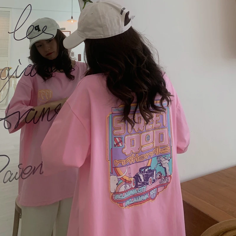 

QNPQYX New Women Casual Loose Oversized T Shirt Women Cartoon Printed Three Quarter Sleeve Tee Shirt Female Streetwear T-shirts
