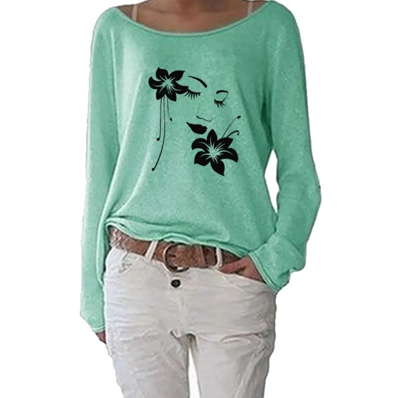 

Cool Flower Girl Woman Face Print Women t shirt Long Sleeve Funny Autumn Tops Streetwear Tshirt Women Casual Clothes