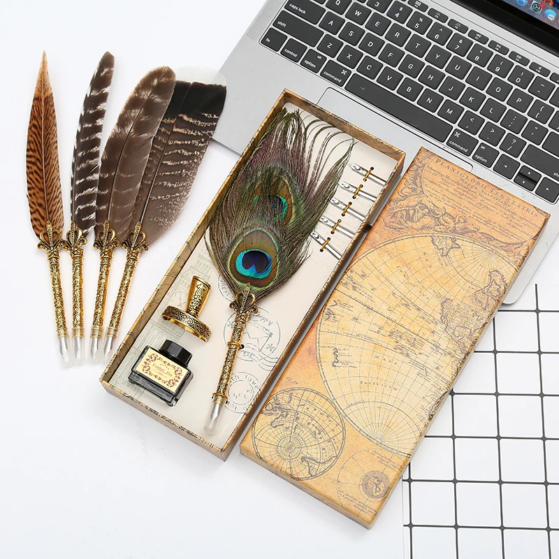 

New and unique! Natural peacock feather dip pen set writing ink luxury box customizable LOGO Christmas gift