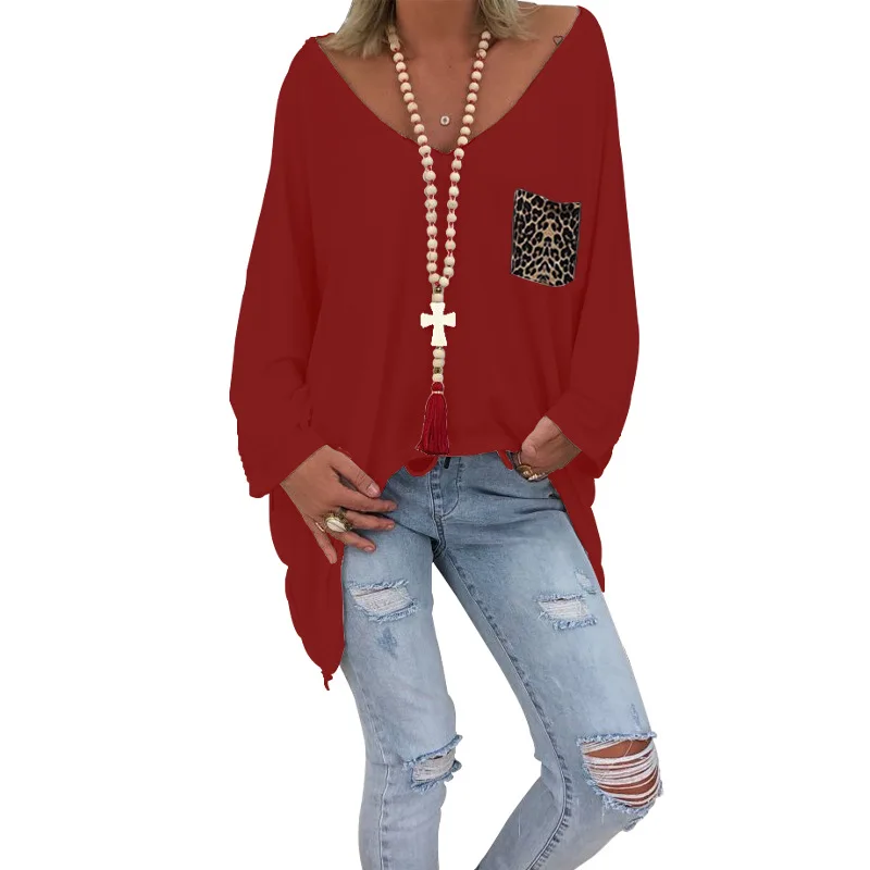 Длинная футболка Женская осенне-зимняя одежда Карманы v-образный вырез