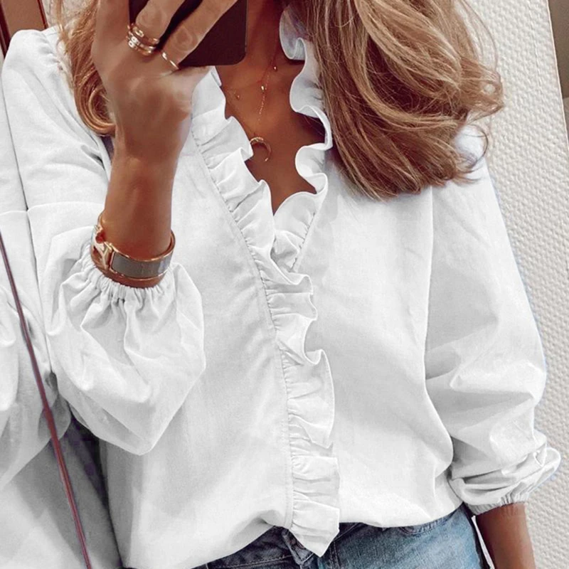

Sweet Ladies Shirt Summer Ruffle Long Sleeves Slim Fit Solid Color Women Shirt Elegant Office Lady Blouse