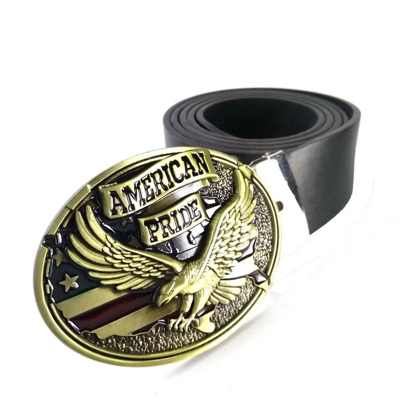 

Black Casual Waist Belt For Men with Big Metal Buckle AMERICAN PRIDE Antique Brass Silver Eagle Fashion Male Gifts Accessories