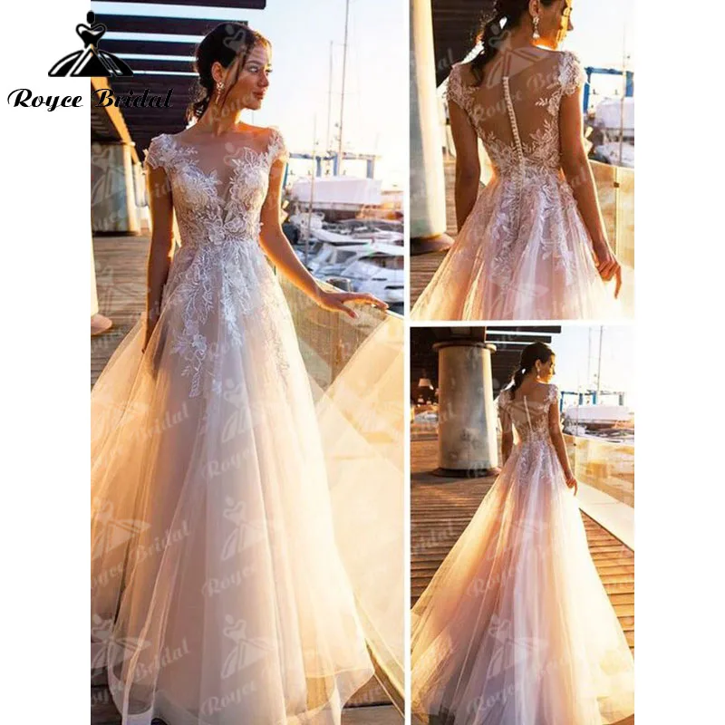 

Женское свадебное платье с коротким рукавом, кружевными пуговицами и открытой спиной