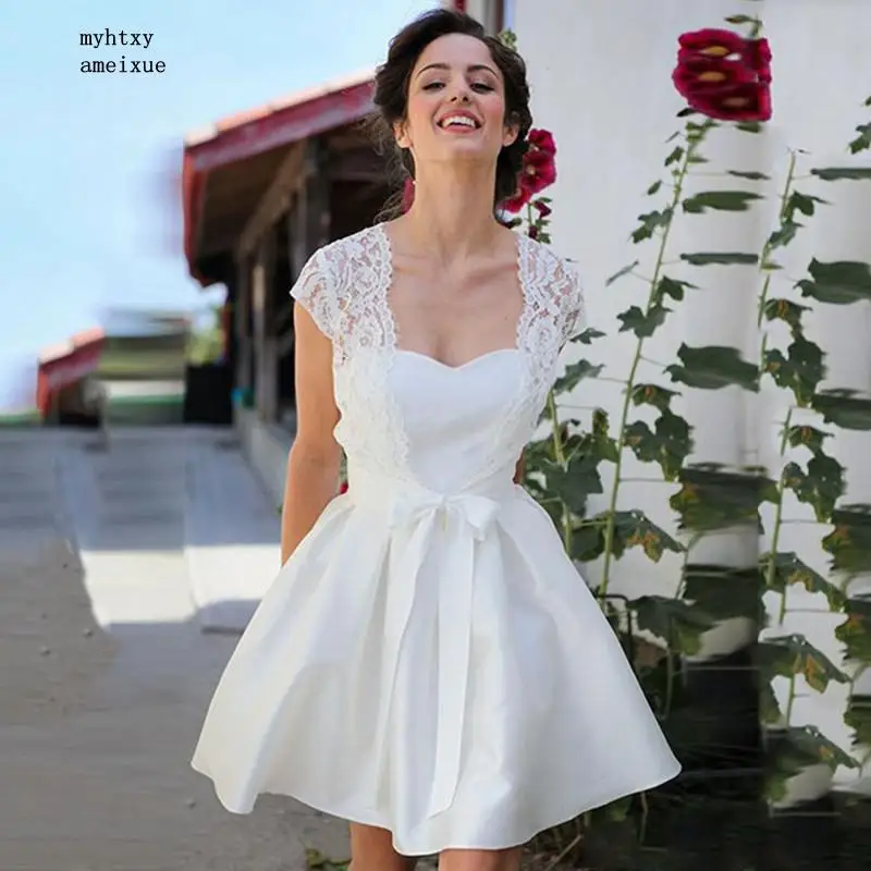 Sexy Mini Short Satin White Plus Size Wedding Dresses 2021 Lace Jacket Summer Beach Bridal Gowns Boho Dresses Wedding Party