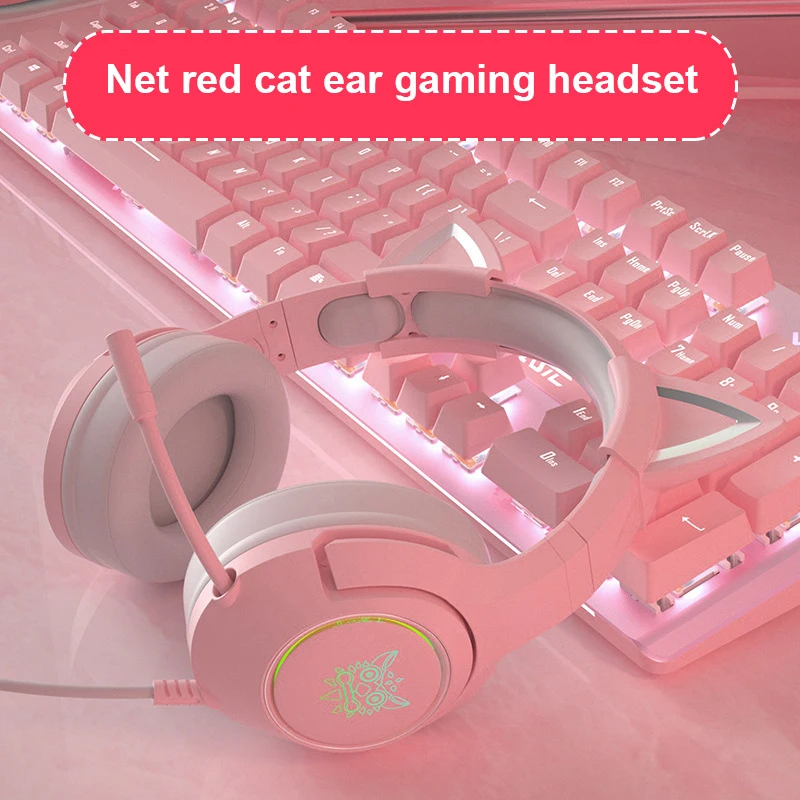 Bestellen Rosa Cut Cat Ohr Wired Headset USB 3,5mm Rgb Licht Mit Mic Hifi 7,1 Kanal Sound Gaming Musik Headset Für Computer Kopfhörer