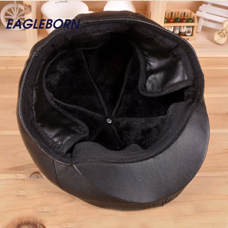 2021 модный кожаный берет мужские теплые шапки зимние для пожилых людей с ушами