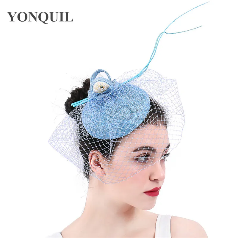 

Charming Imitation Sinamay Female Fascinators Hats Light Blue Wedding Hair Accessories With Hairclips Flower Kentucky Headpieces