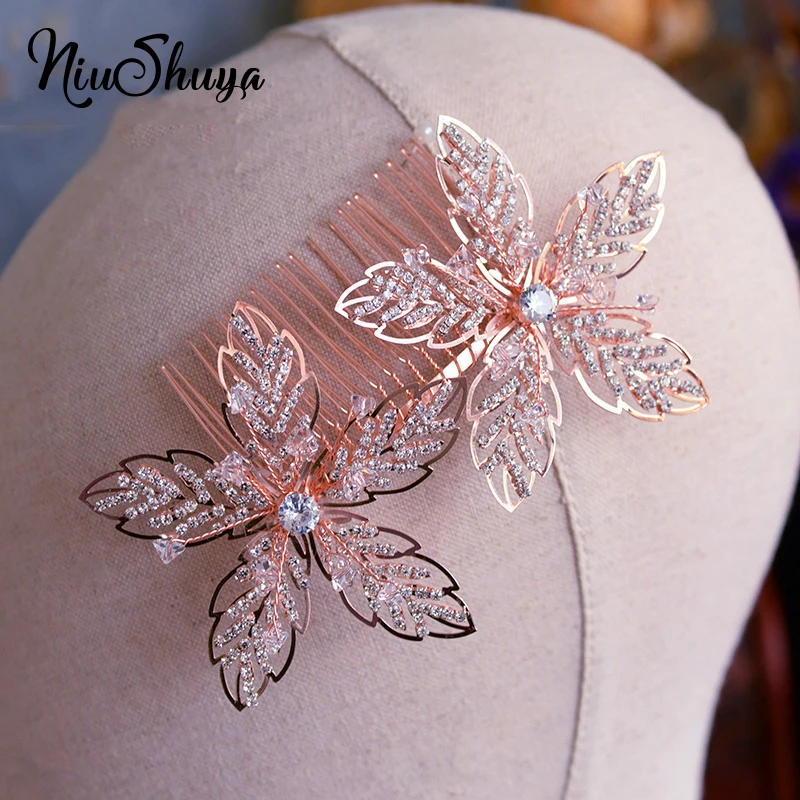 

NiuShuya Handmade Rose Gold Crystal Pearls Flower Wedding Hair Comb Bridal Headpieces Hair Accessories Women Jewelry