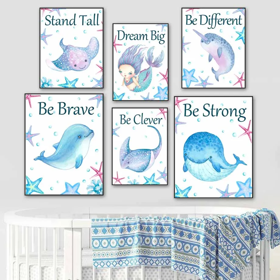 

Mermaid Dolphin Starfish Whale Ocean Animal Wall Art Canvas Painting Nordic Posters And Prints Wall Pictures Kids Room Decor