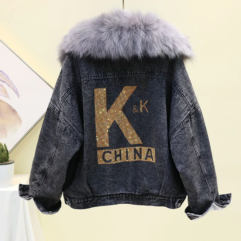 

Женская зимняя джинсовая куртка, теплая джинсовая куртка из натурального Лисьего меха с подкладкой из кроличьего меха, толстая Свободная верхняя одежда, 2023