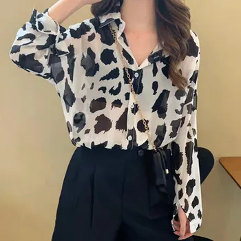 Fashion Button Leopard Print Tops Shirts Turn-down Collar Long Sleeve Sexy Thin Style Breathable Women Blouses Женский Пуловер 3 1