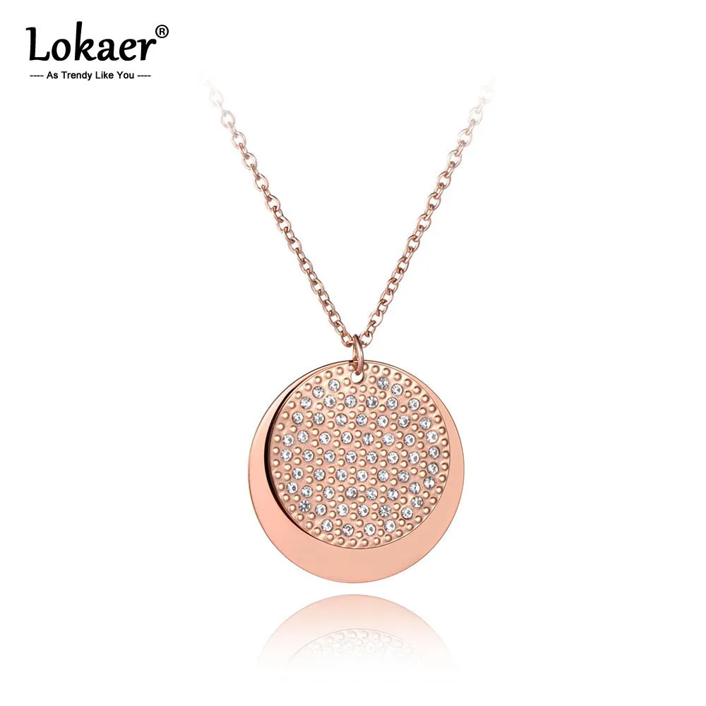 Lokaer Titanium Stainless Steel Double Disc CZ Crystal Pendant Necklaces For Women Trendy Sweater Chian 27" Long Necklace N19159 |