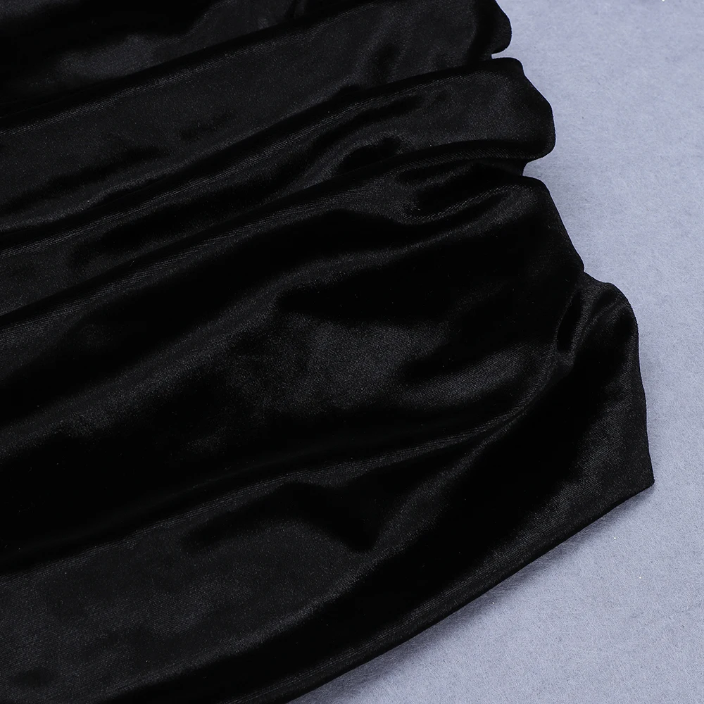 

VC All Free Shipping Trendy Draped Design Two Pieces Long Sleeves Celebrity Party Club Velvet Crop Tops Mini Skirt Suit