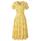Платье женское праздничное с V-образным вырезом, длинное праздничное вечерние макси с цветочным принтом, с коротким рукавом, желтое, лето 2021