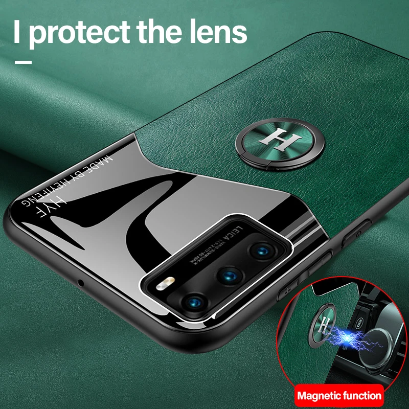 

Luxury Leather Magnetic Holder Phone Case For Huawei P40 P30 P20 Lite Mate 40 30 20 X 10 9 Pro Metal Ring Bracket Silicone Cover