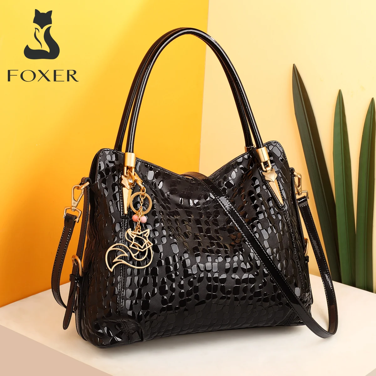 

FOXER Brand Women Genuine Leather Shoulder Bag Sequin Cowhide Fashion Handbags Ladies Commute Large Capacity Purse Female Totes