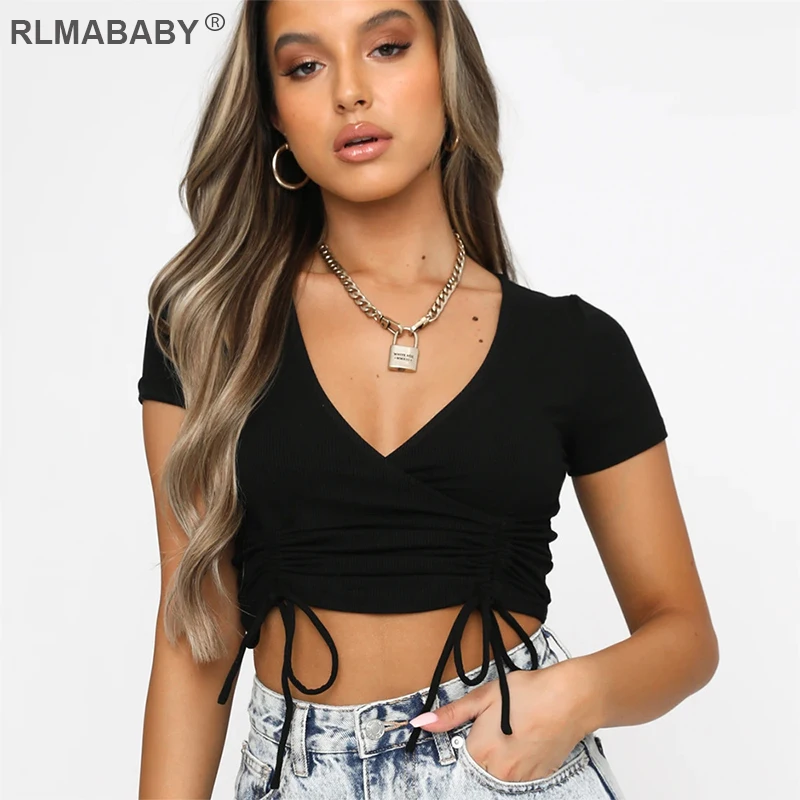 

RLMABABY Sexy V Neck Short Sleeve Drawstring Cropped Tshirt Spring Summer Casual Women Skinny Short Top Streetwear Ruched Tshirt