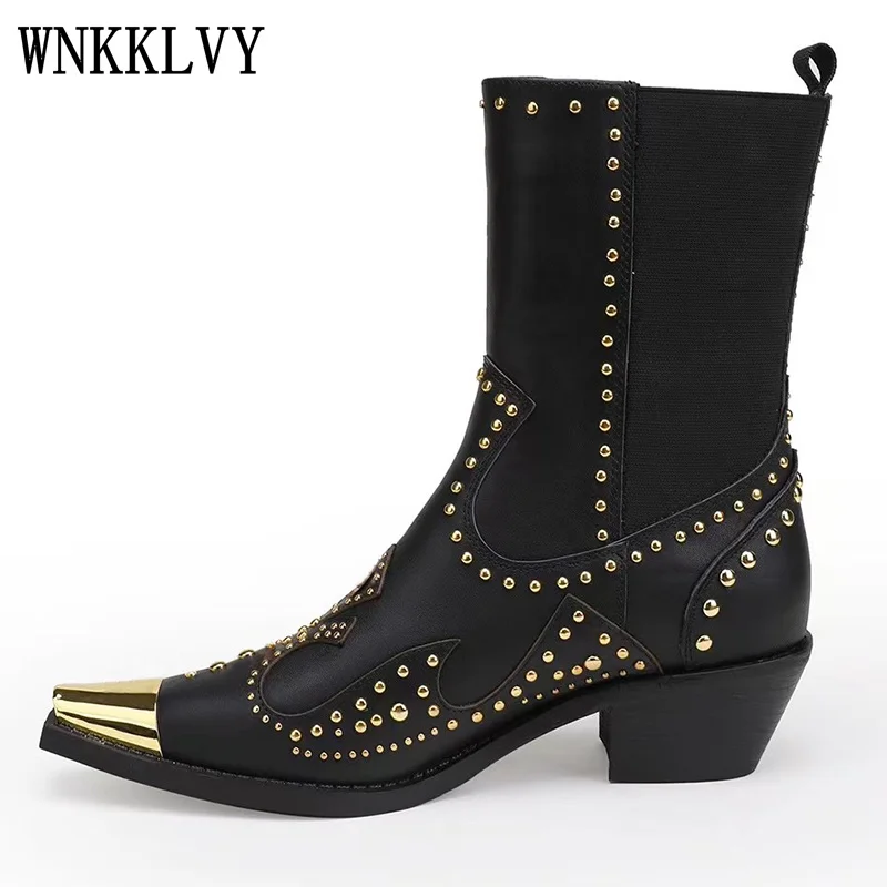 

Ankle Boots Women Chunky Mid Heel genuine Leather rivet decor short boots 2021 Autumn winter new Western Cowboy Booties
