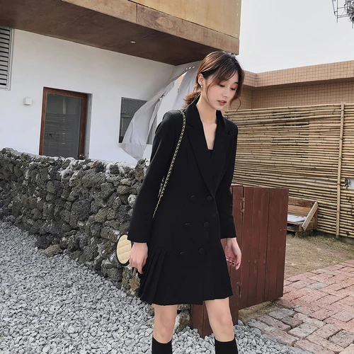 

Autumn 2019 New Long Sleeve Pleated Elegant Vintage Dress Office Lady Women Blazer Short Woman's Clothes Double Breasted Dresses