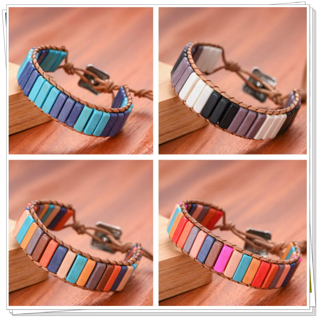 

7 Chakra Bracelet Bohemian Handmade Natural Stone Tube Bead Real Leather Wrapped Bracelet Yoga Couple Bracelet Women