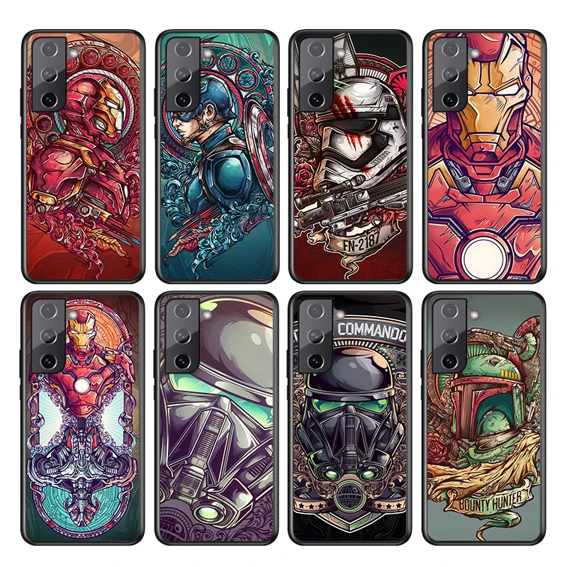 

For Samsung S22 S21 S20 FE Ultra Pro Lite S10 5G S10E S9 S8 S7 S6 Edge Plus Soft TPUCaptain America Iron Man Black Phone Case