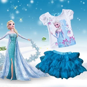 Cartoon Frozen Elsa Print Princess Girls Costumes Cute Halloween Vestido Tutu Dress Short Sleeve T-S in India