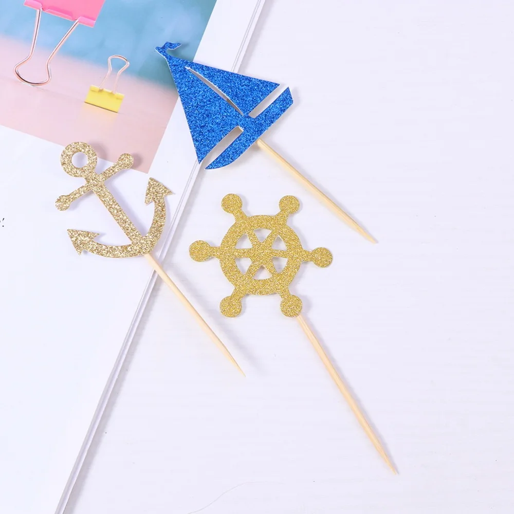 

36 Pcs Cartoon Ocean Boat Anchor Cupcake Insert Cards