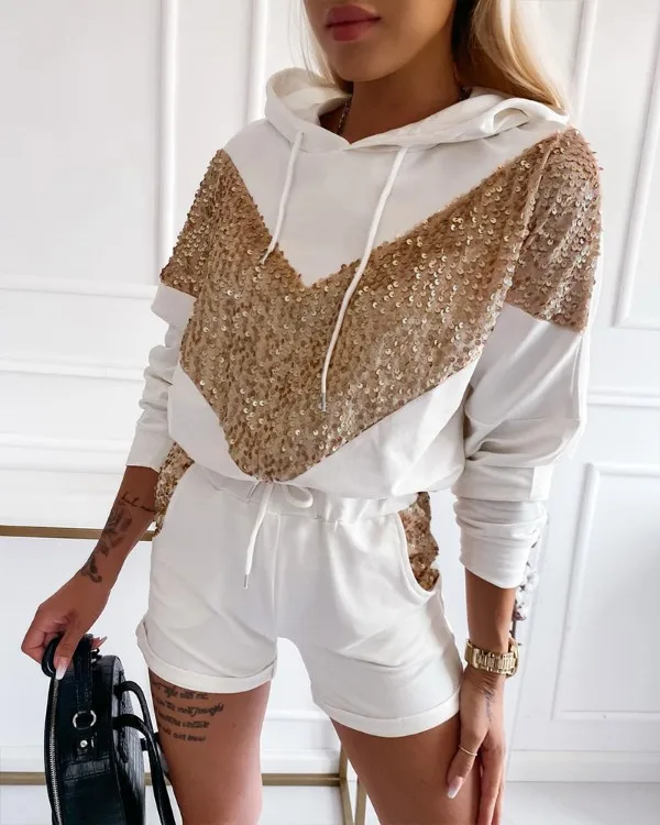 

Autumn and winter 2021 new style fashion women's bead splicing casual Hoodie set