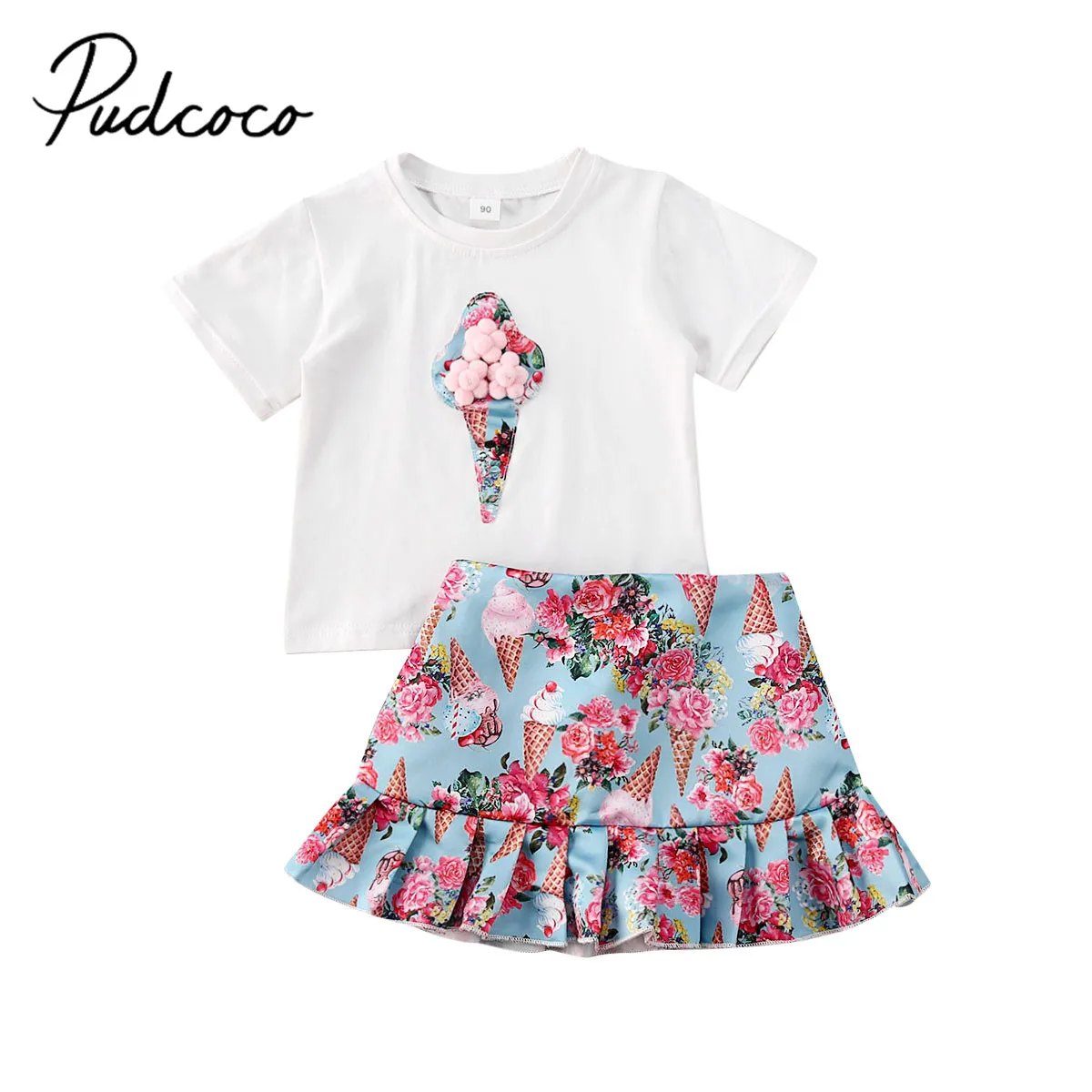 

Pudcoco, комплект из 2 предметов, комплект одежды для маленьких девочек, детская футболка с короткими рукавами для девочек, принт «мороженое», футболки для маленьких девочек, с цветами, плиссированные юбки, одежда