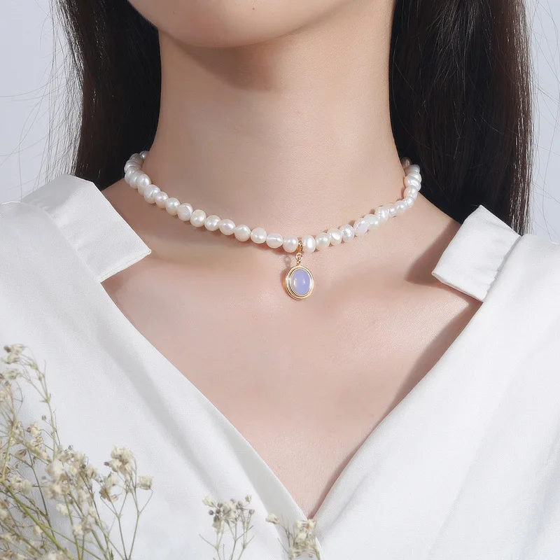 

Round Natural Moonstone Pearl Necklace Korea 925 Sterling Silver Irregular Baroque Pearl Woman Boutique Jewelry Gift 2019