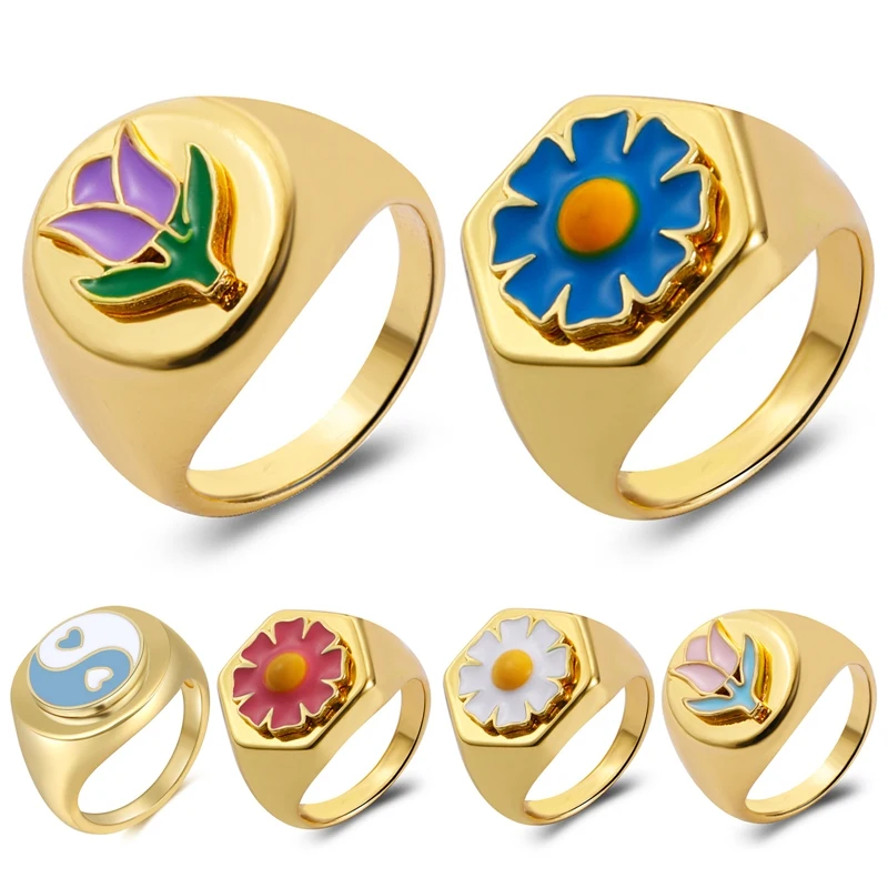 

Colorful Dripping Oil Tai Chi Butterfly Gold Ring Sets for Women Cute Heart Flowers Fruit Geoemtry Wedding Ring Jewelry